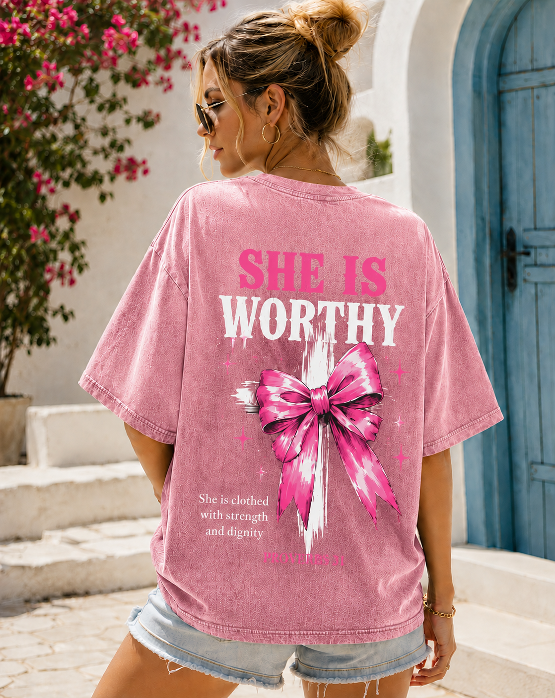 She Is Worthy – Vintage Washed Oversized Tee | Proverbs 31