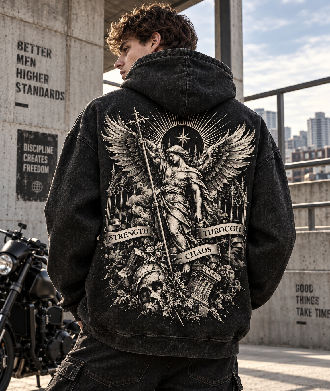 Strength Through Chaos – Vintage Gothic Angel Hoodie