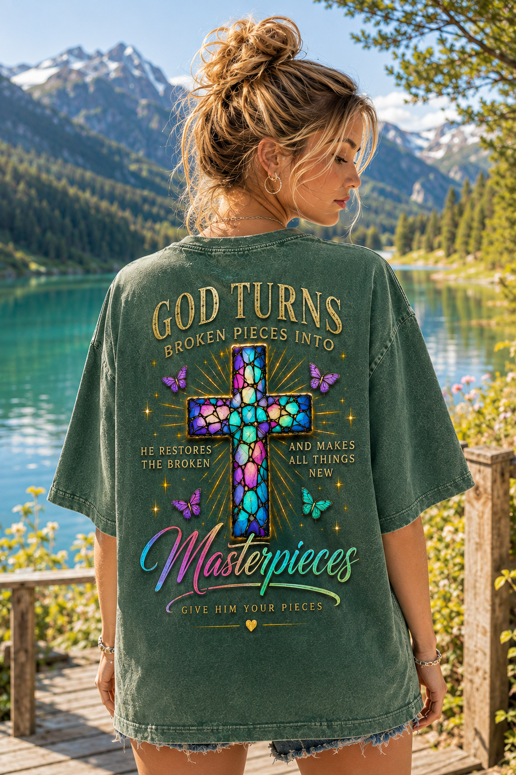 God Turns Broken Pieces Into Masterpieces – Christian Cross T-Shirt