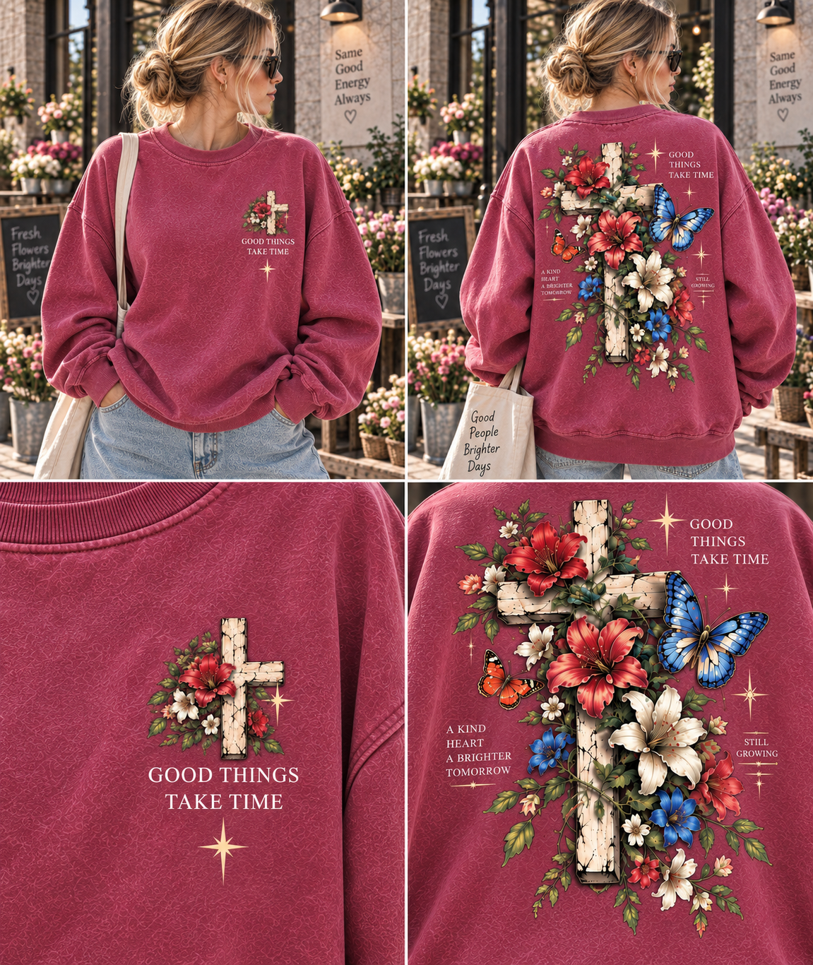 Vintage Floral Cross Sweatshirt – Good Things Take Time