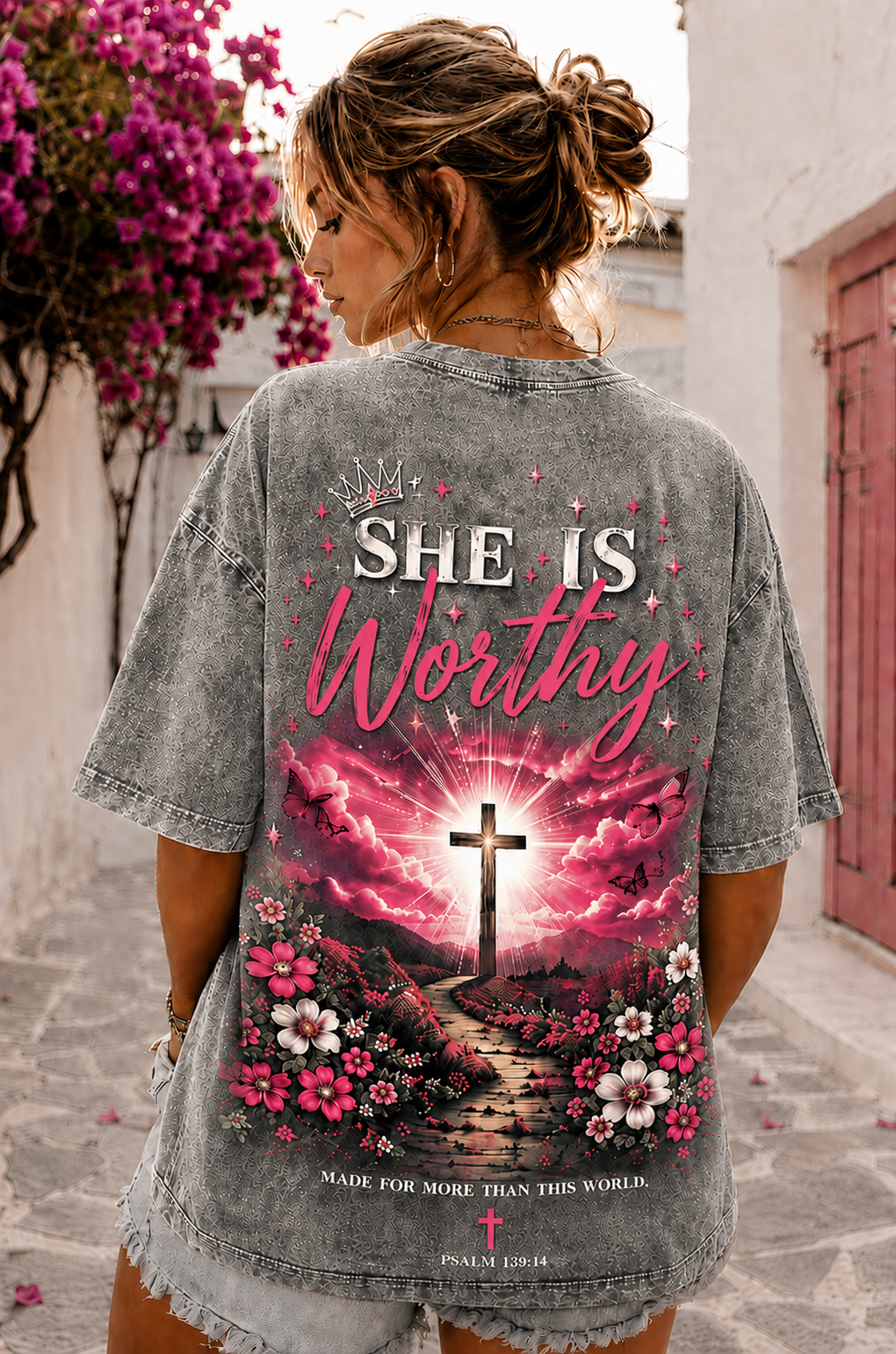 She Is Worthy Christian Graphic Washed Black Oversized T-Shirt