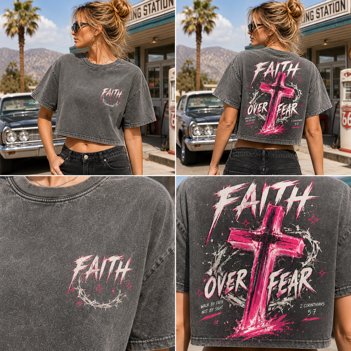 Faith Over Fear Cross Crop Top – Vintage Wash Graphic Tee