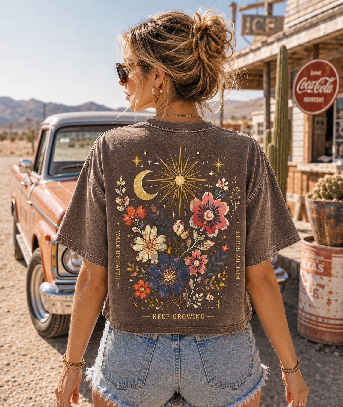 Celestial Bloom Crop Top – Vintage Floral Graphic Tee
