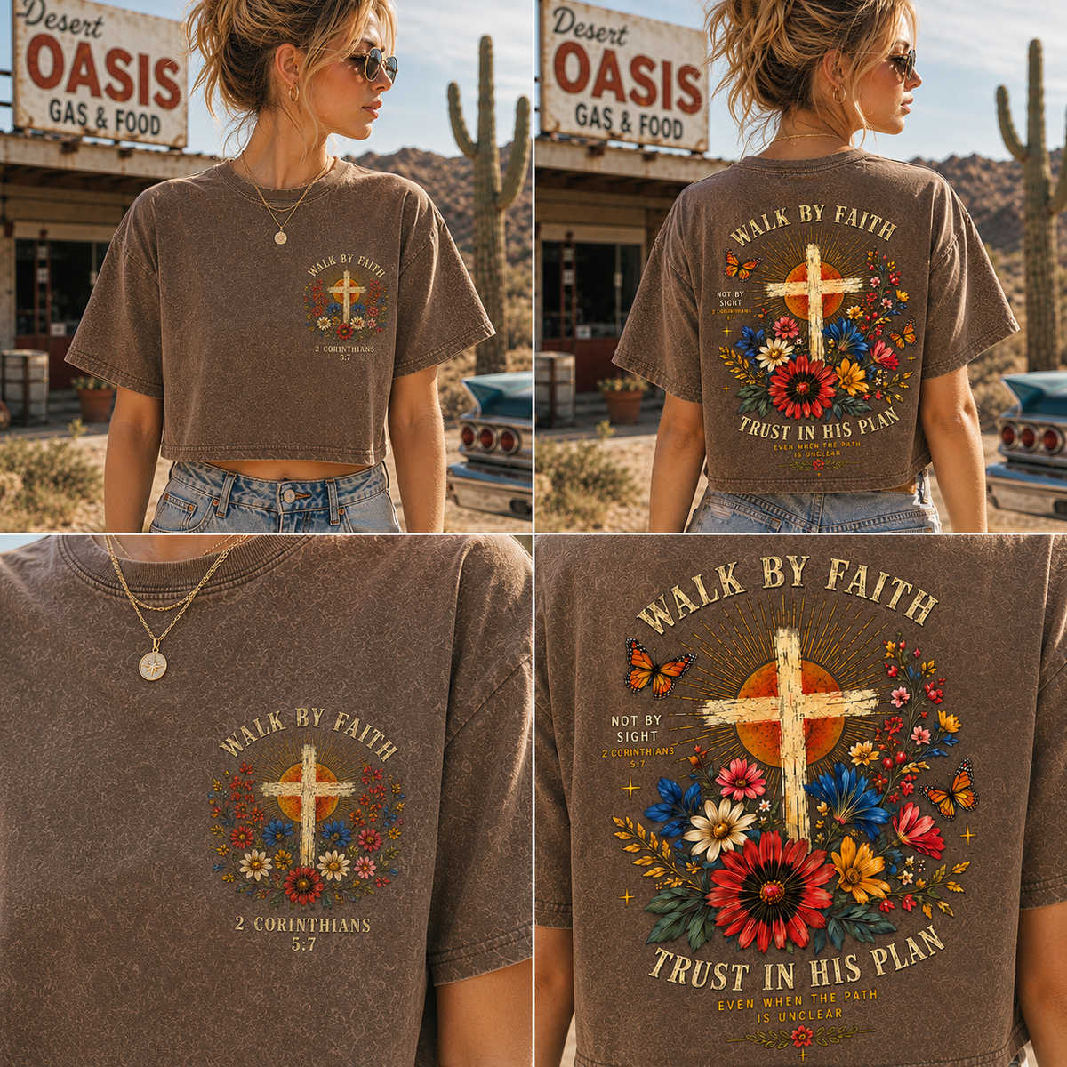 Walk By Faith – Vintage Floral Cross Crop Tee