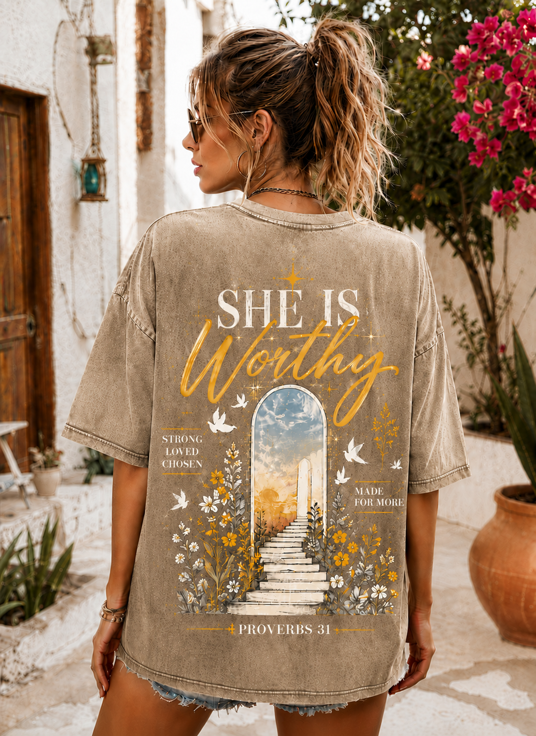 She Is Worthy Vintage Faith T-Shirt – Washed Black