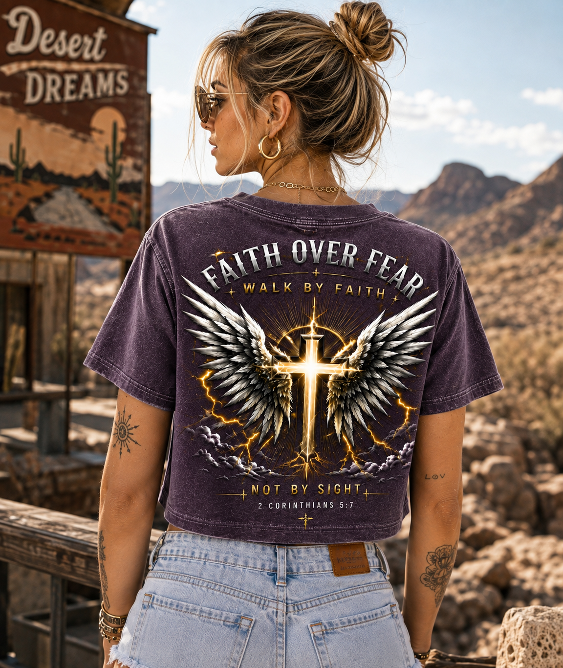 Faith Over Fear – Winged Cross Vintage Crop Tee