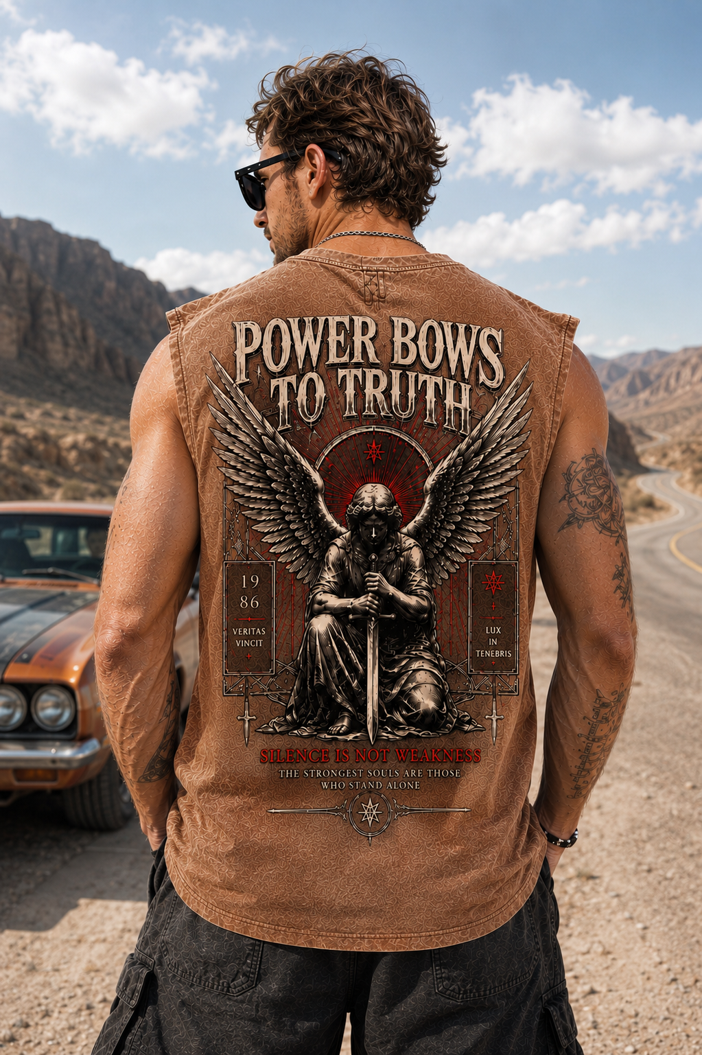 POWER BOWS TO TRUTH – Washed Black Sleeveless Tee