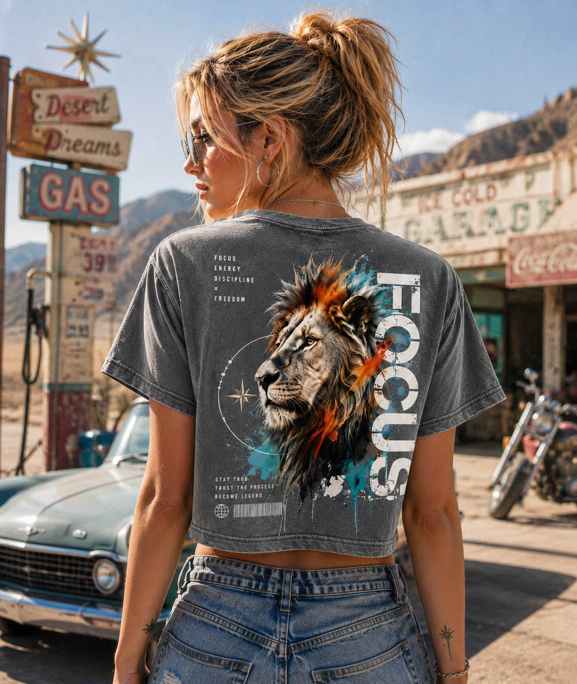 FOCUS Lion Graphic Crop Tee – Vintage Wash