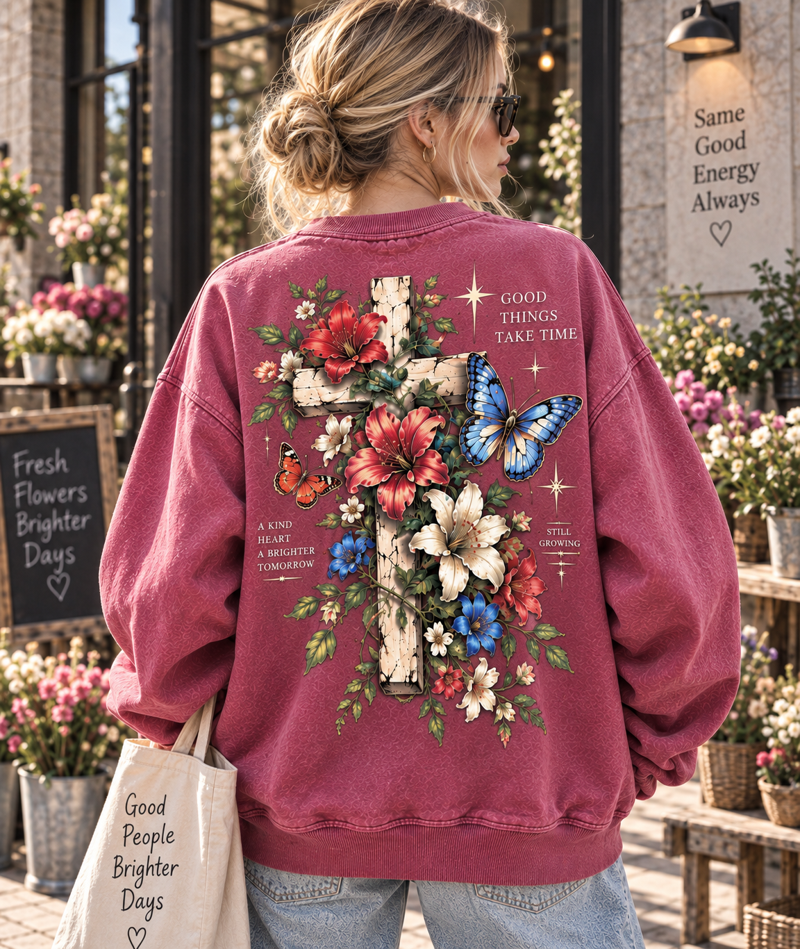 Vintage Floral Cross Sweatshirt – Good Things Take Time