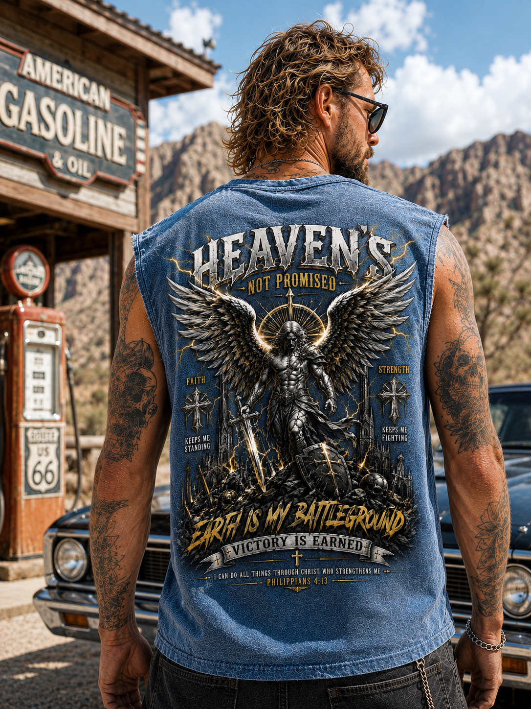 Heaven’s Not Promised – Vintage Washed Black Graphic Muscle Tee