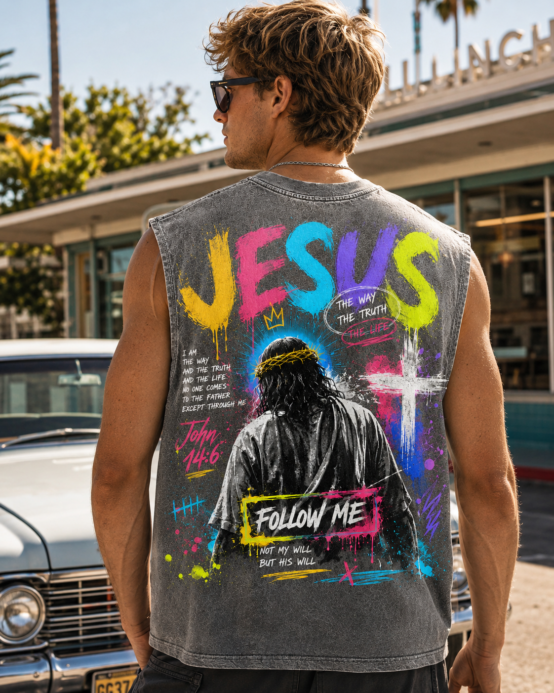 Jesus Follow Me Washed Black Tank Top