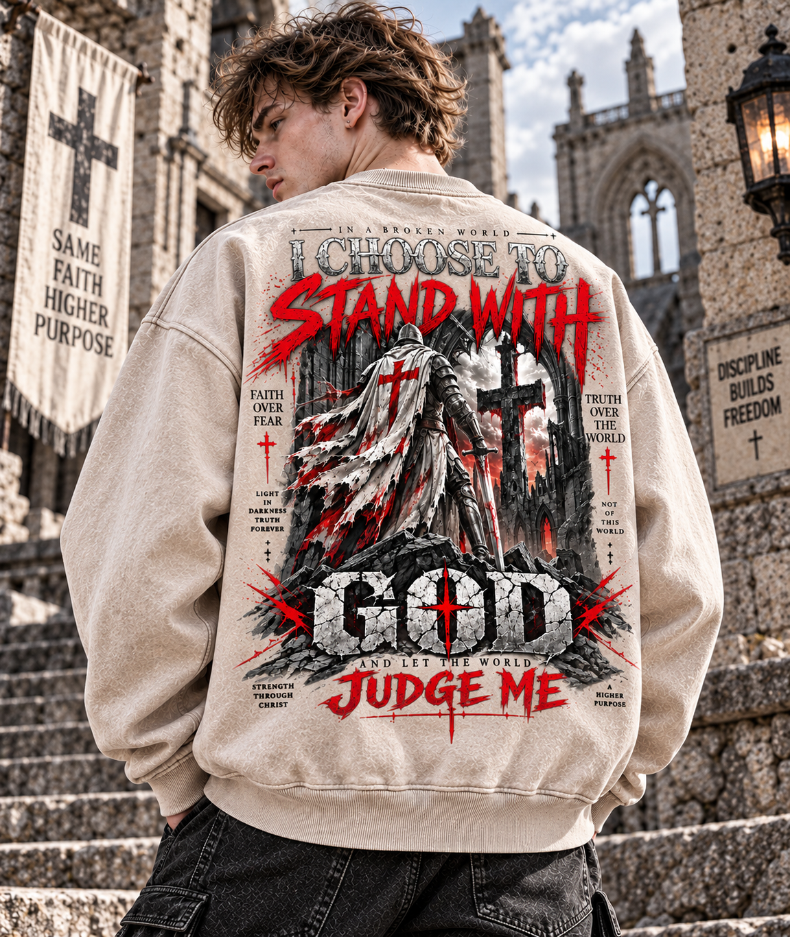 GOD Stand With Faith – Vintage Gothic Wash Sweatshirt