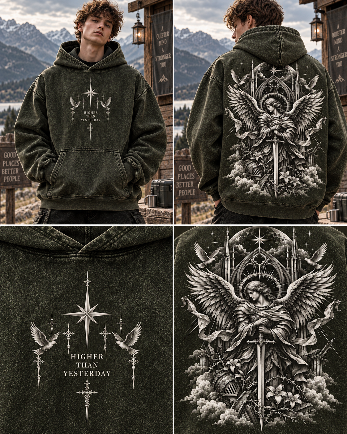 Angelic Guardian Vintage Hoodie – Gothic Wings & Sword