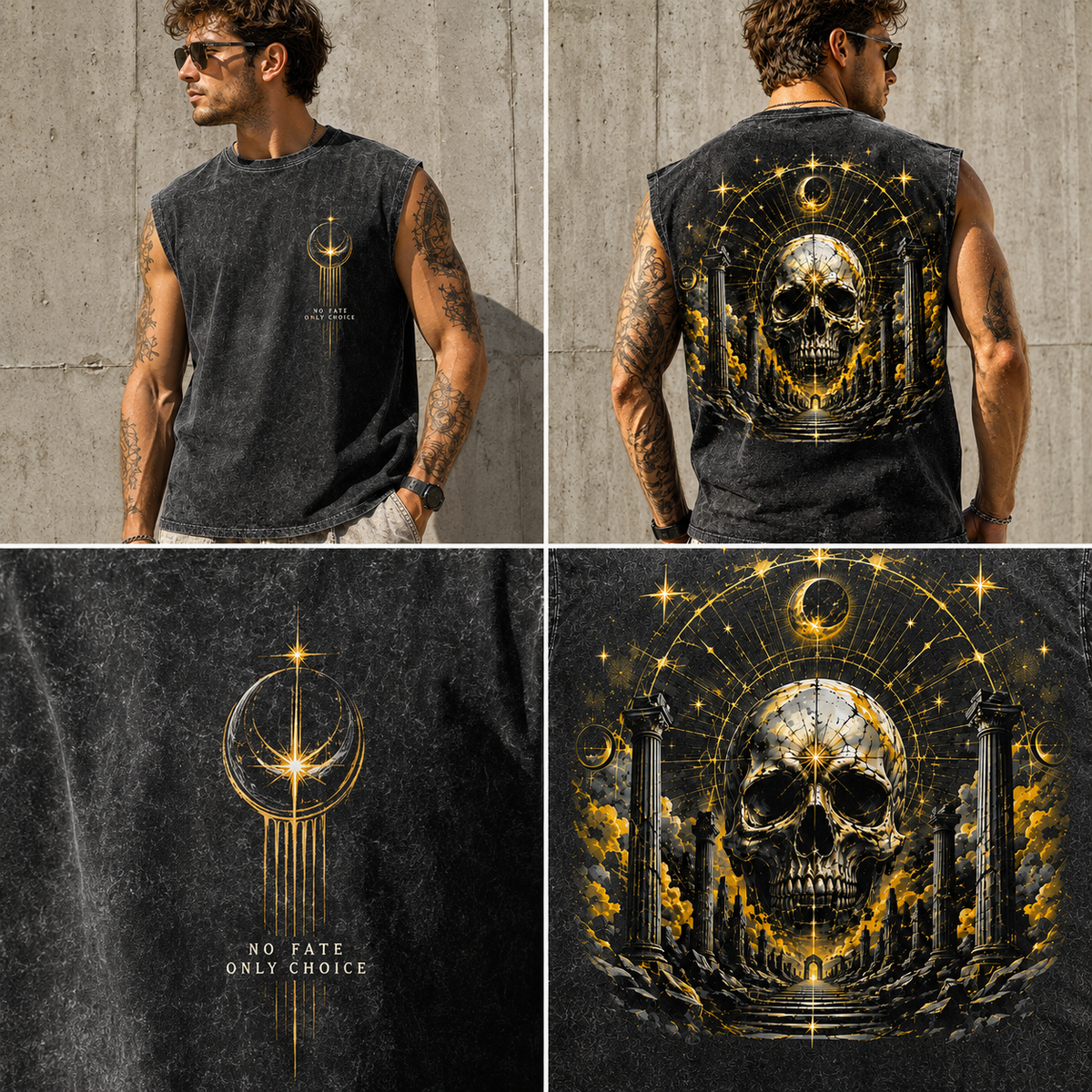 Celestial Skull Washed Black Tank Top