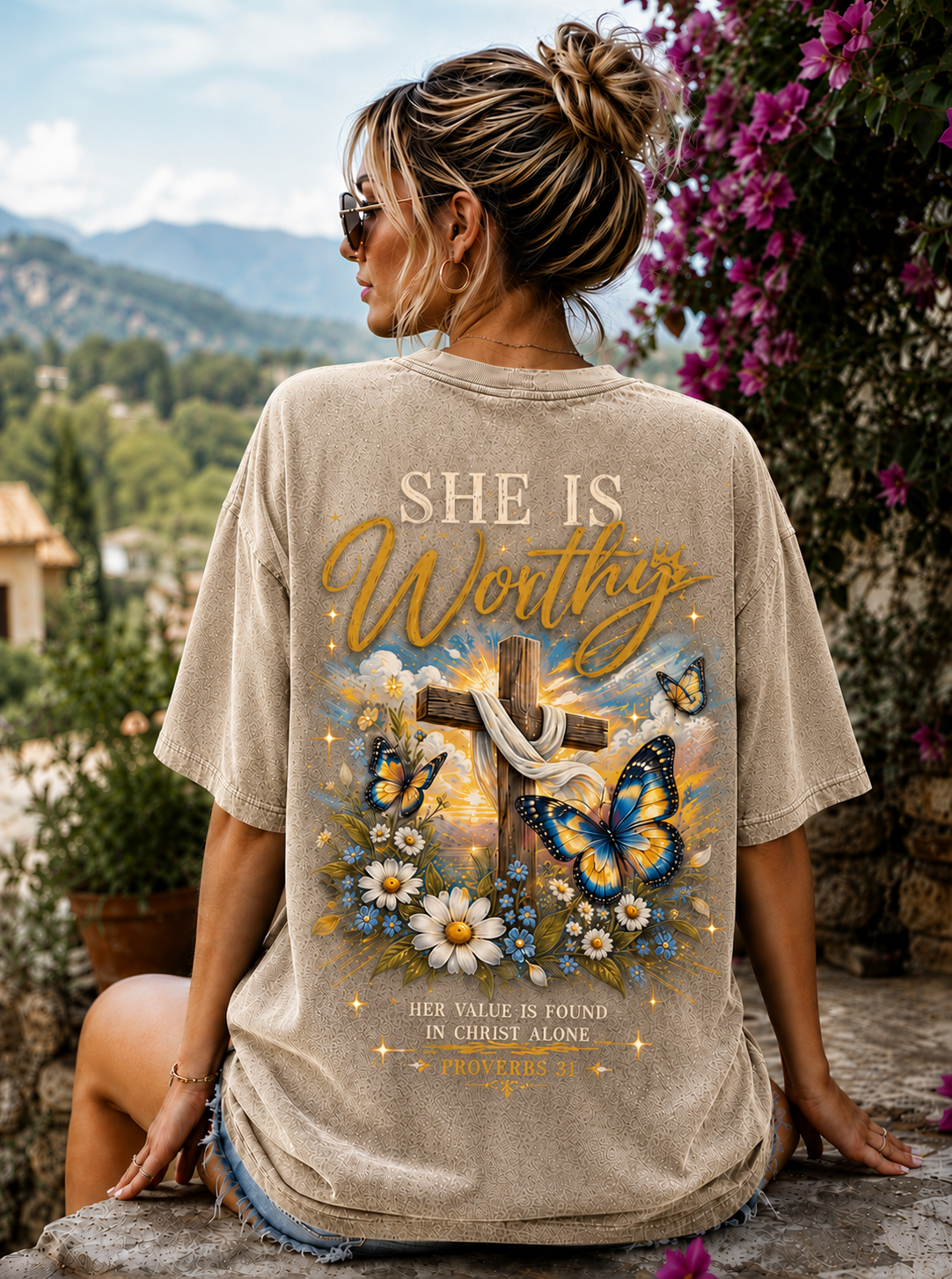 She Is Worthy Christian T-Shirt – Vintage Cross & Butterfly Graphic Tee