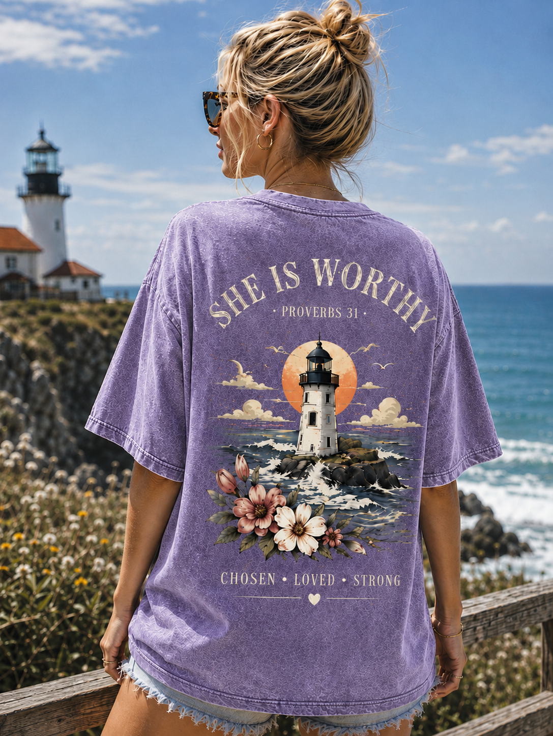 She Is Worthy Lighthouse T-Shirt – Vintage Christian Graphic Tee