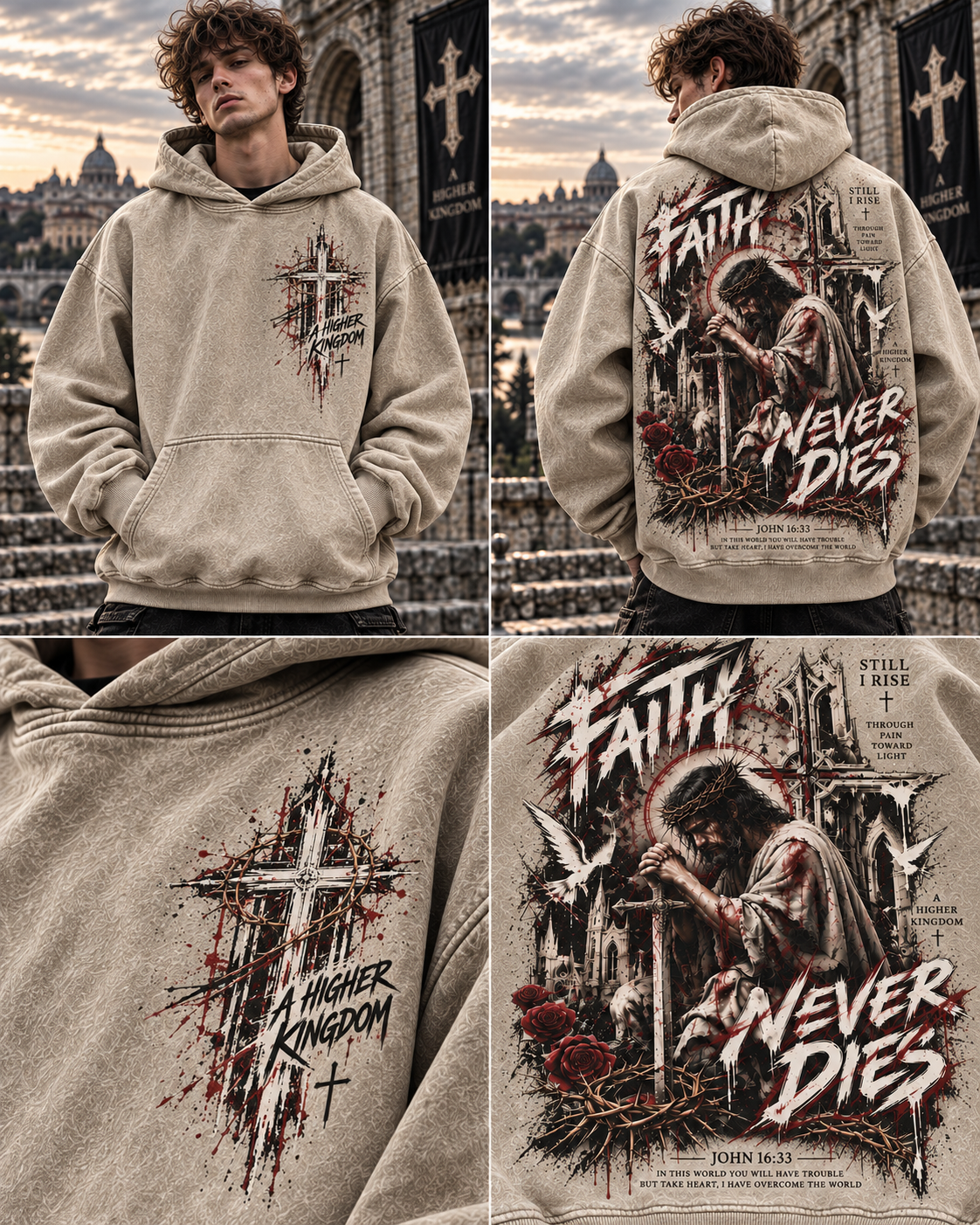 Faith Never Dies – Gothic Cross Washed Hoodie