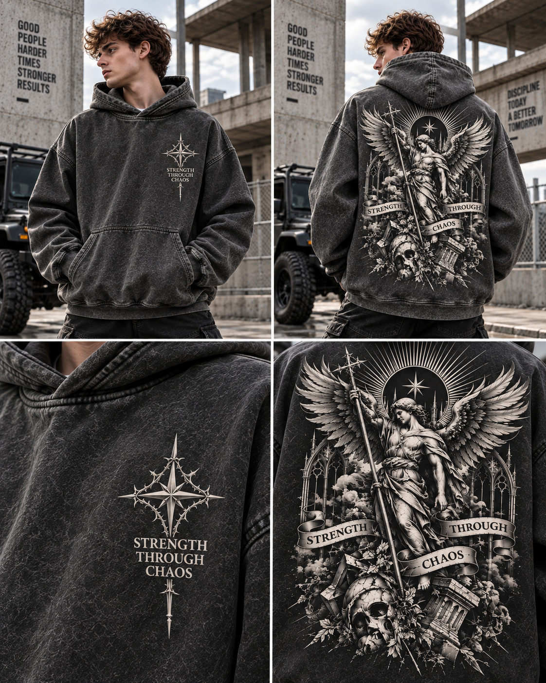 Strength Through Chaos – Vintage Gothic Angel Hoodie