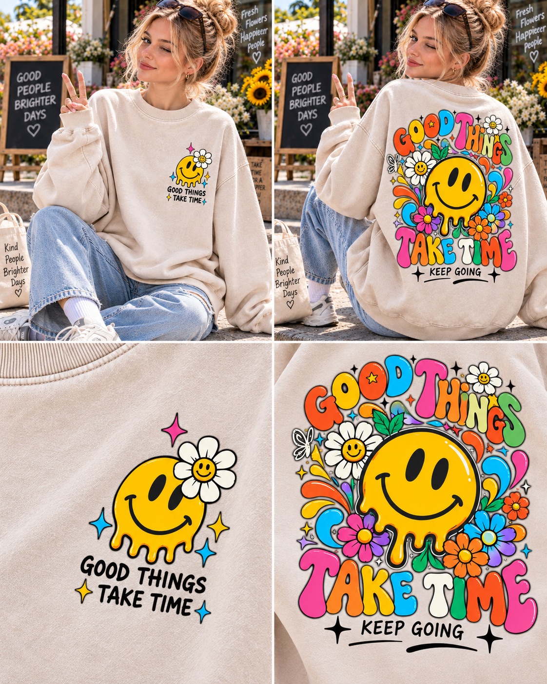 Good Things Take Time – Vintage Smiley Sweatshirt
