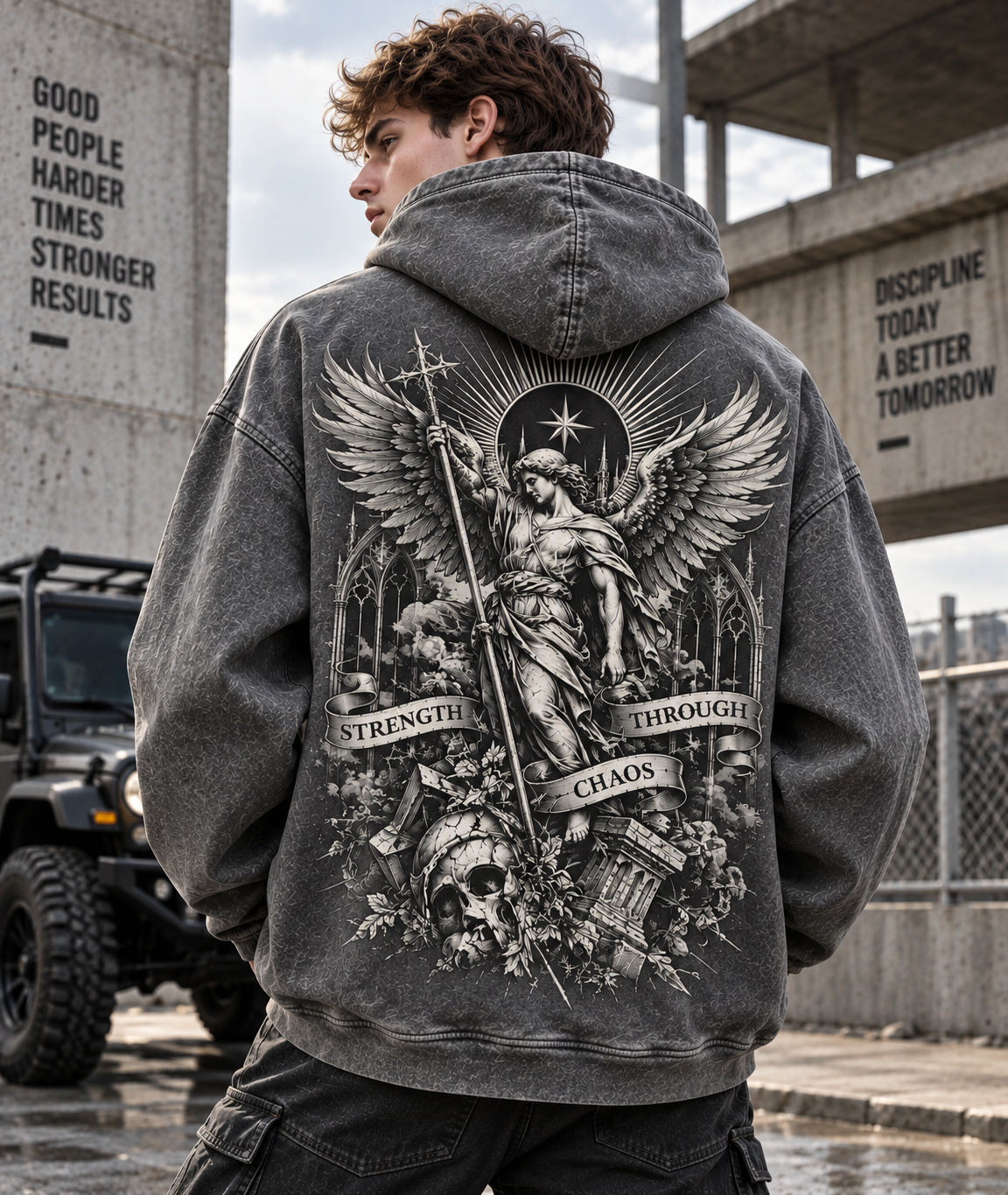 Strength Through Chaos – Vintage Gothic Angel Hoodie