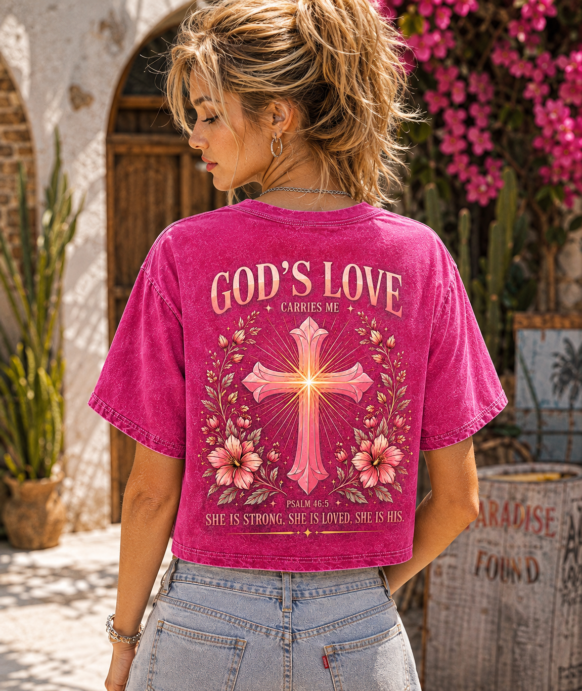 God’s Love Vintage Cross Crop Top – Women’s Faith Tee