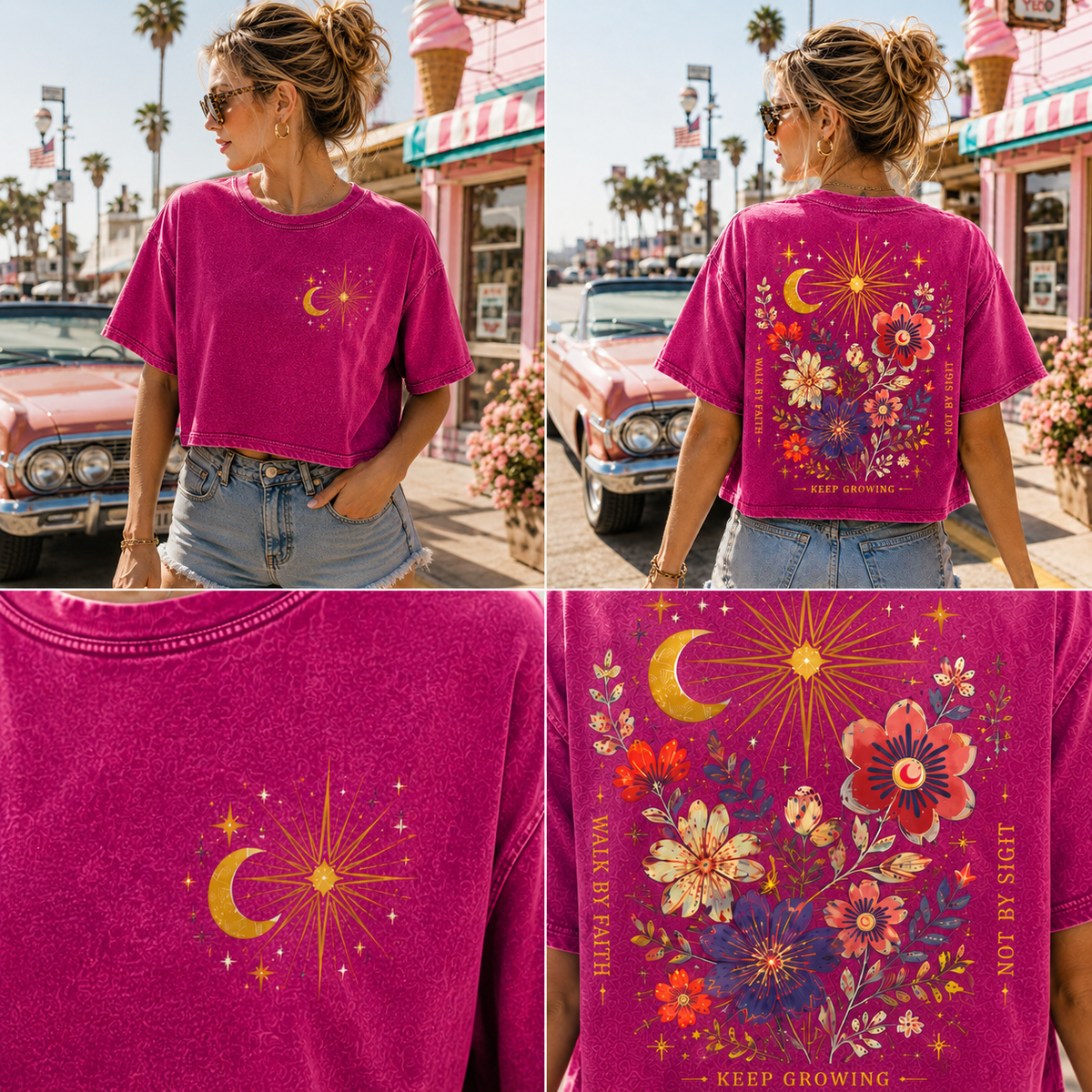Celestial Bloom Crop Top – Vintage Floral Graphic Tee
