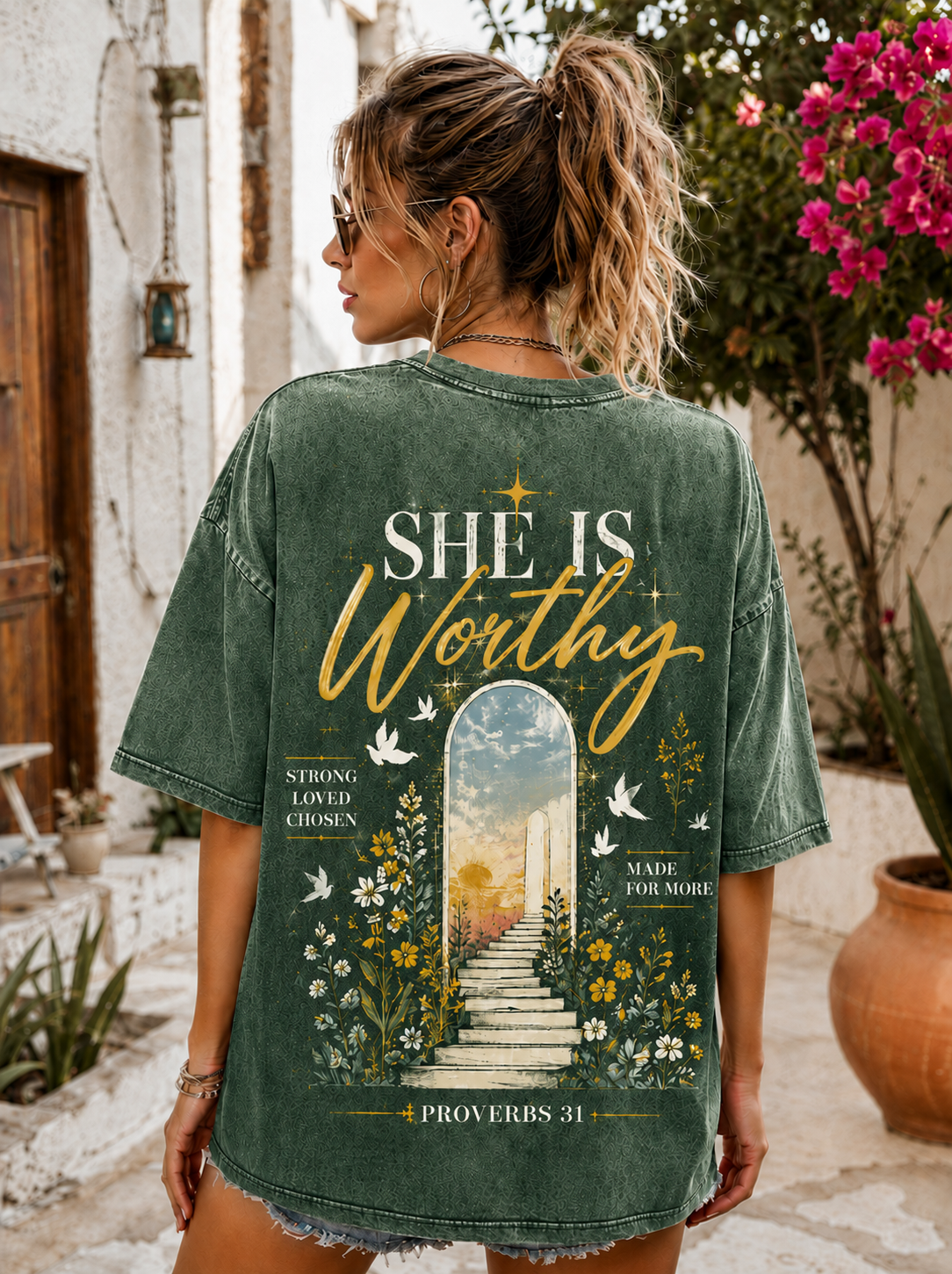 She Is Worthy Vintage Faith T-Shirt – Washed Black