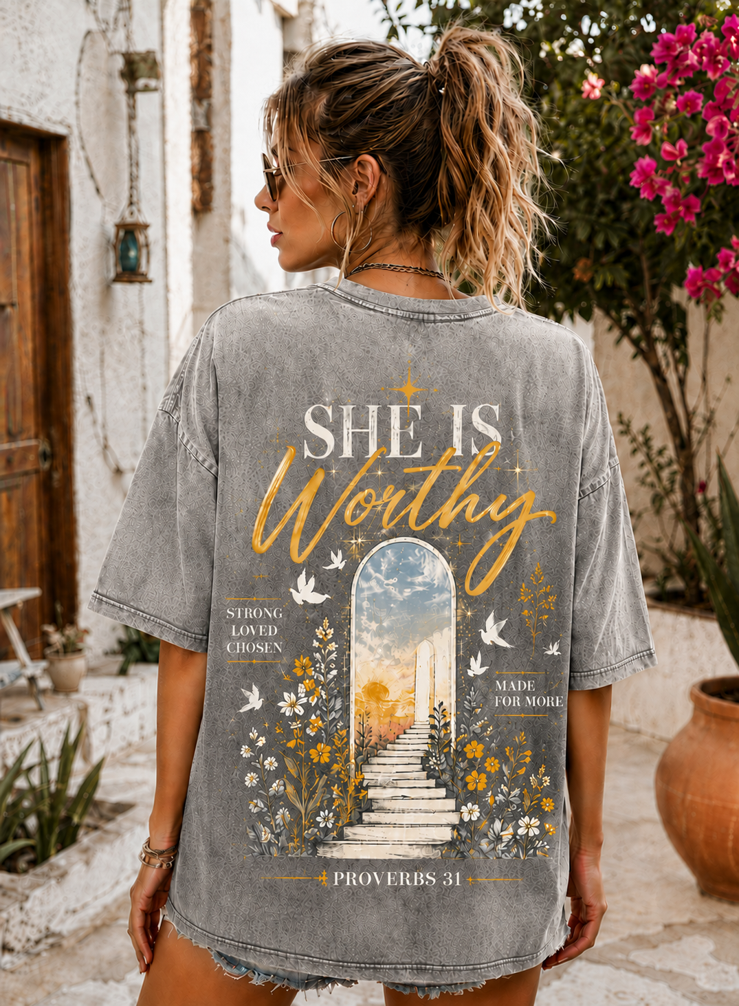She Is Worthy Vintage Faith T-Shirt – Washed Black