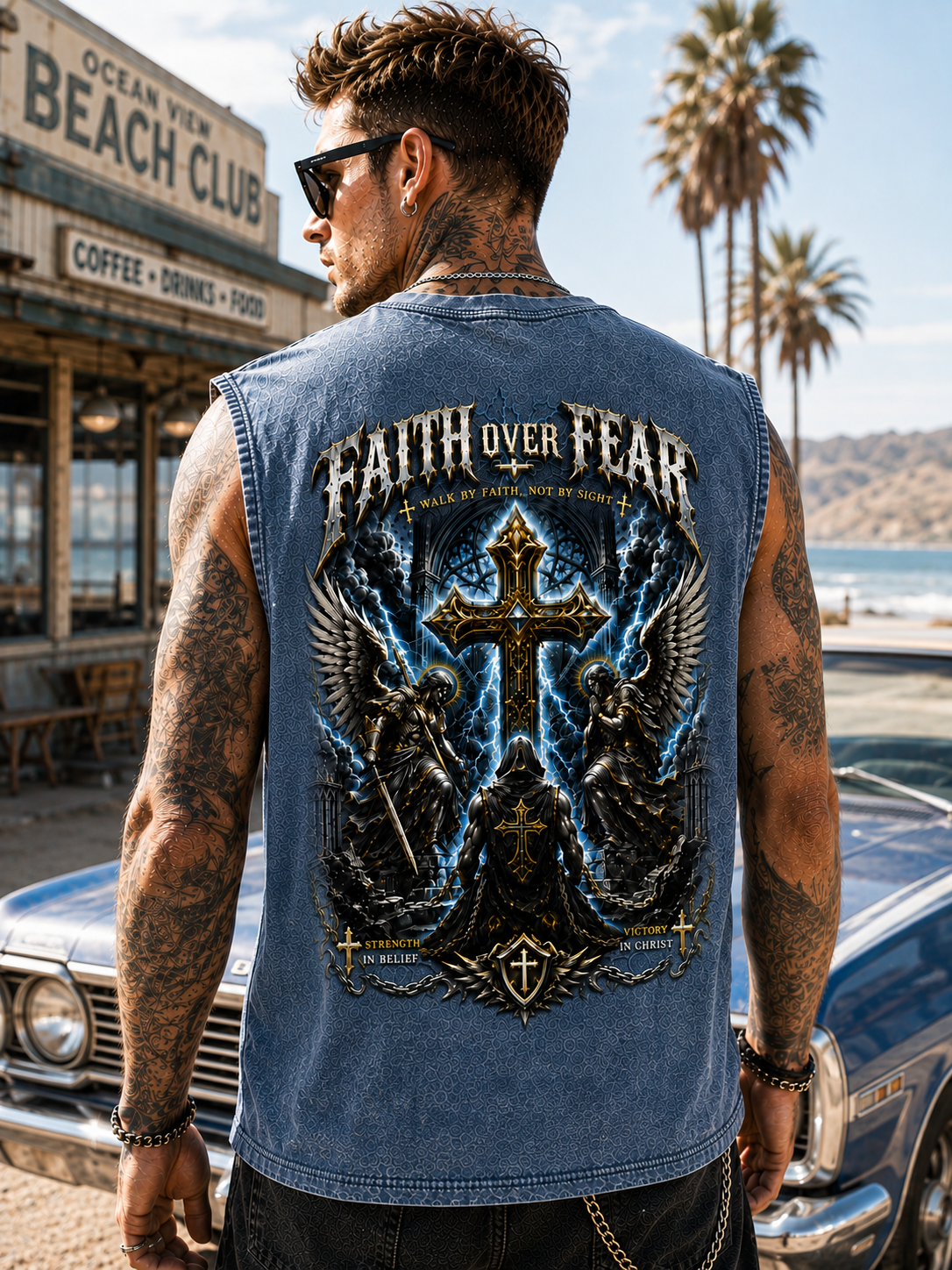 Faith Over Fear – Vintage Washed Blue Biker Tank