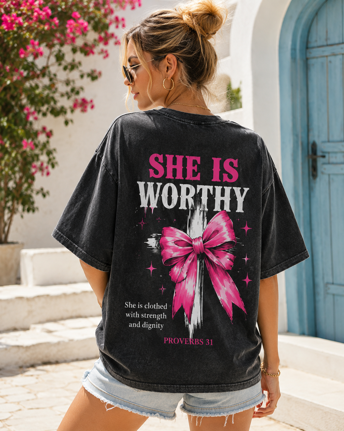 She Is Worthy – Vintage Washed Oversized Tee | Proverbs 31