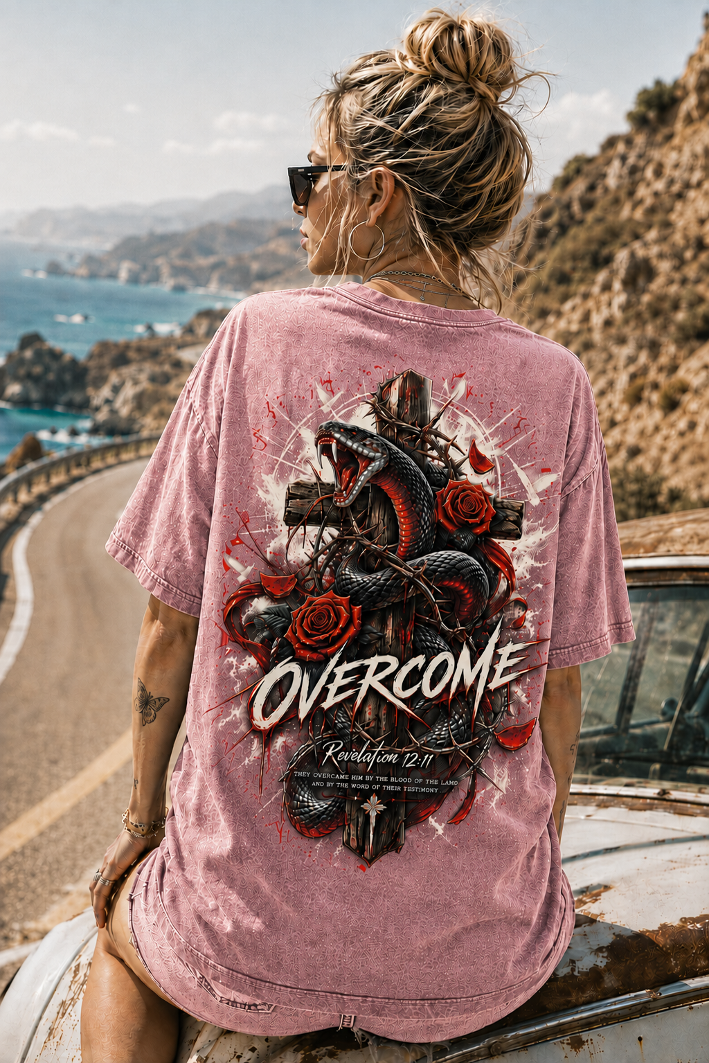 OVERCOME Snake Cross Graphic Tee – Vintage Washed T-Shirt