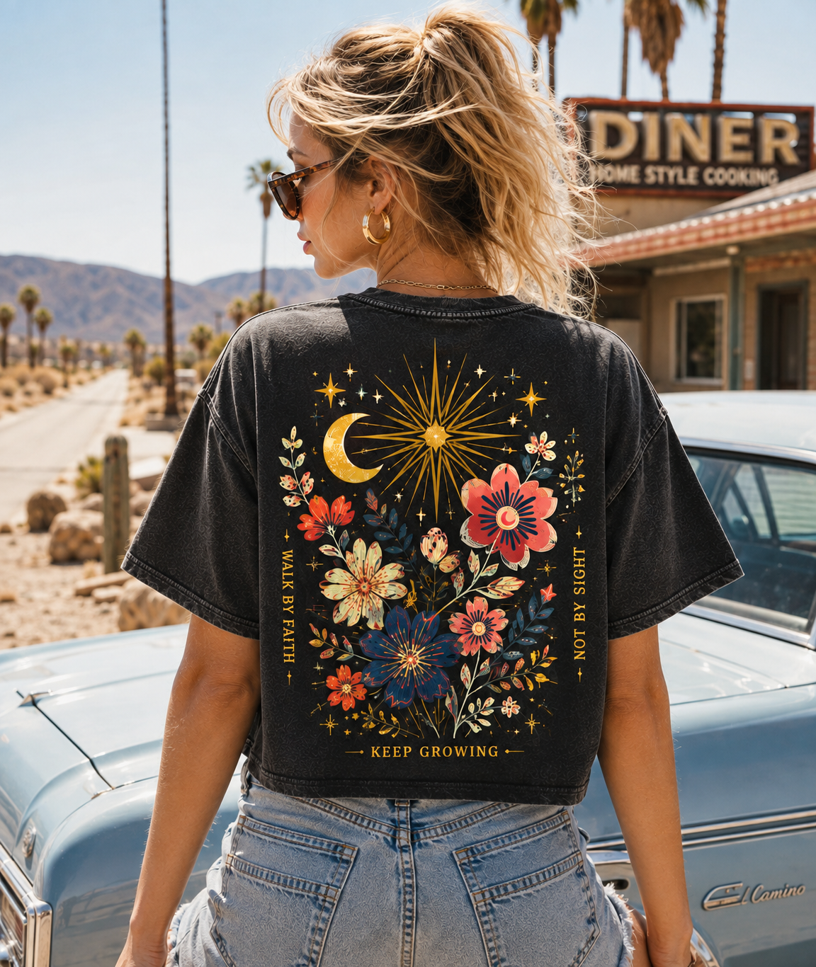 Celestial Bloom Crop Top – Vintage Floral Graphic Tee