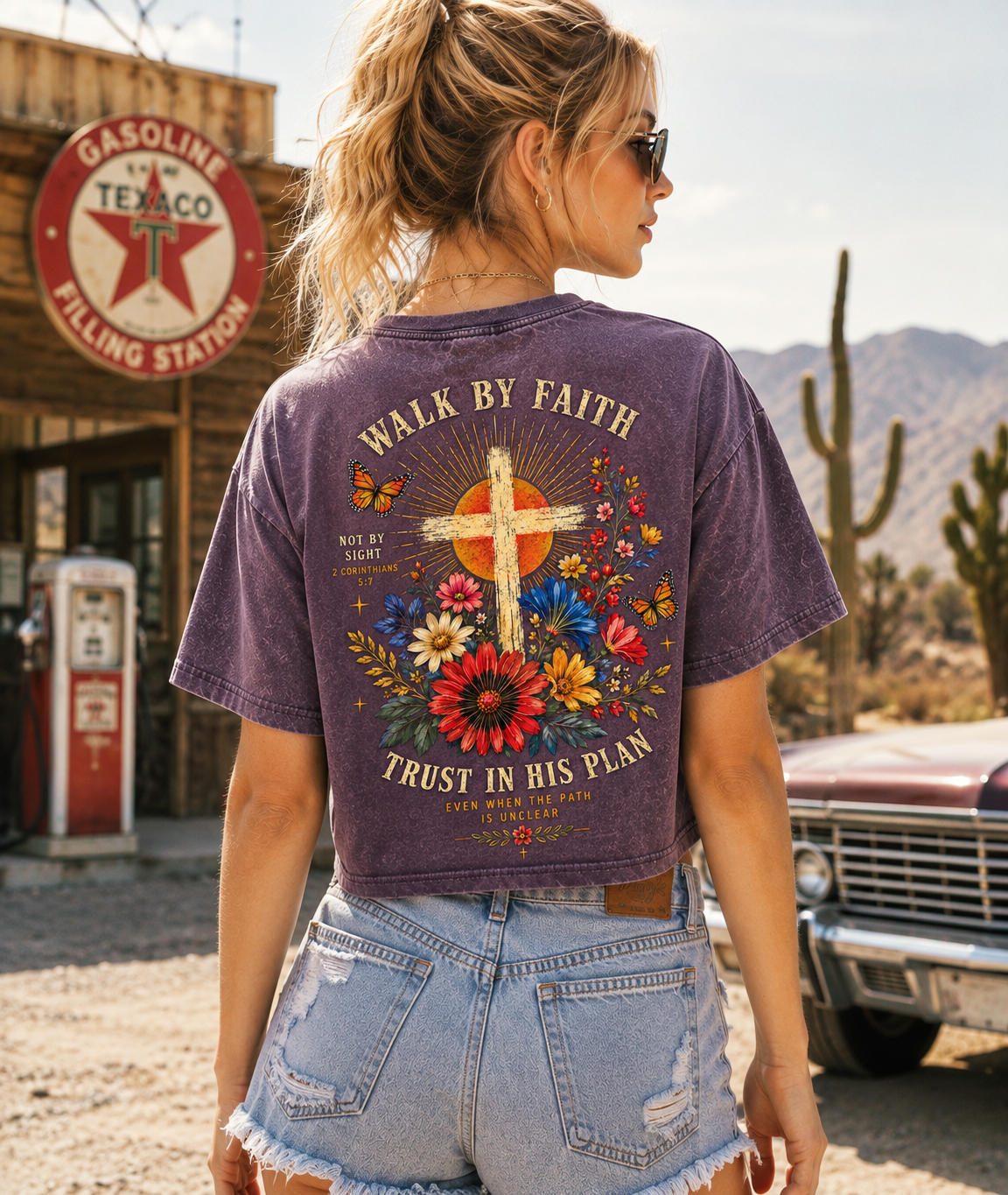 Walk By Faith – Vintage Floral Cross Crop Tee