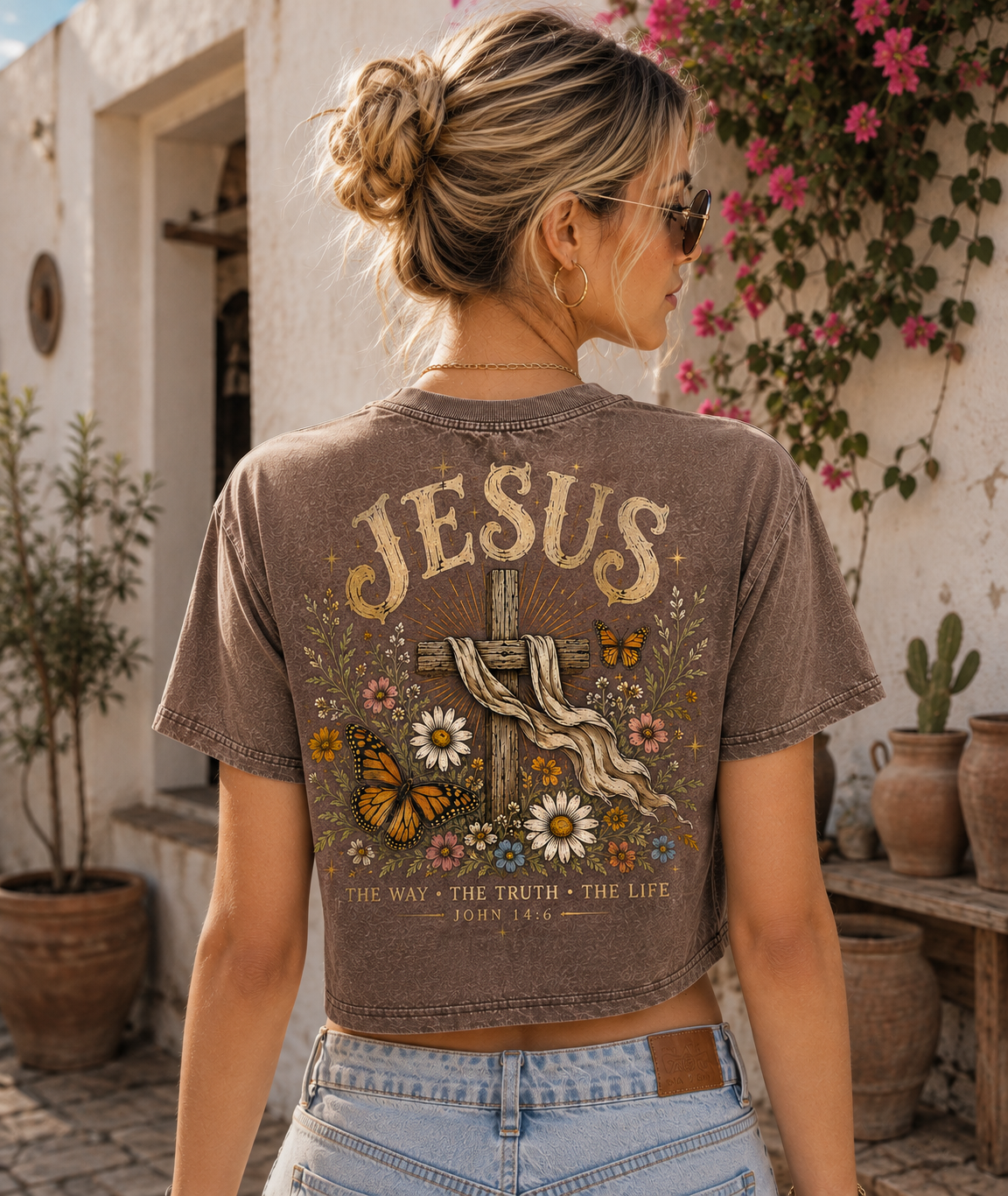 Vintage Jesus Cross Crop Top – Faith Graphic Tee