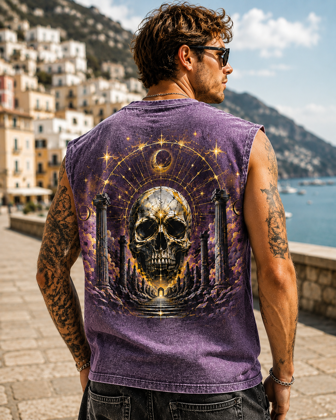 Celestial Skull Washed Black Tank Top