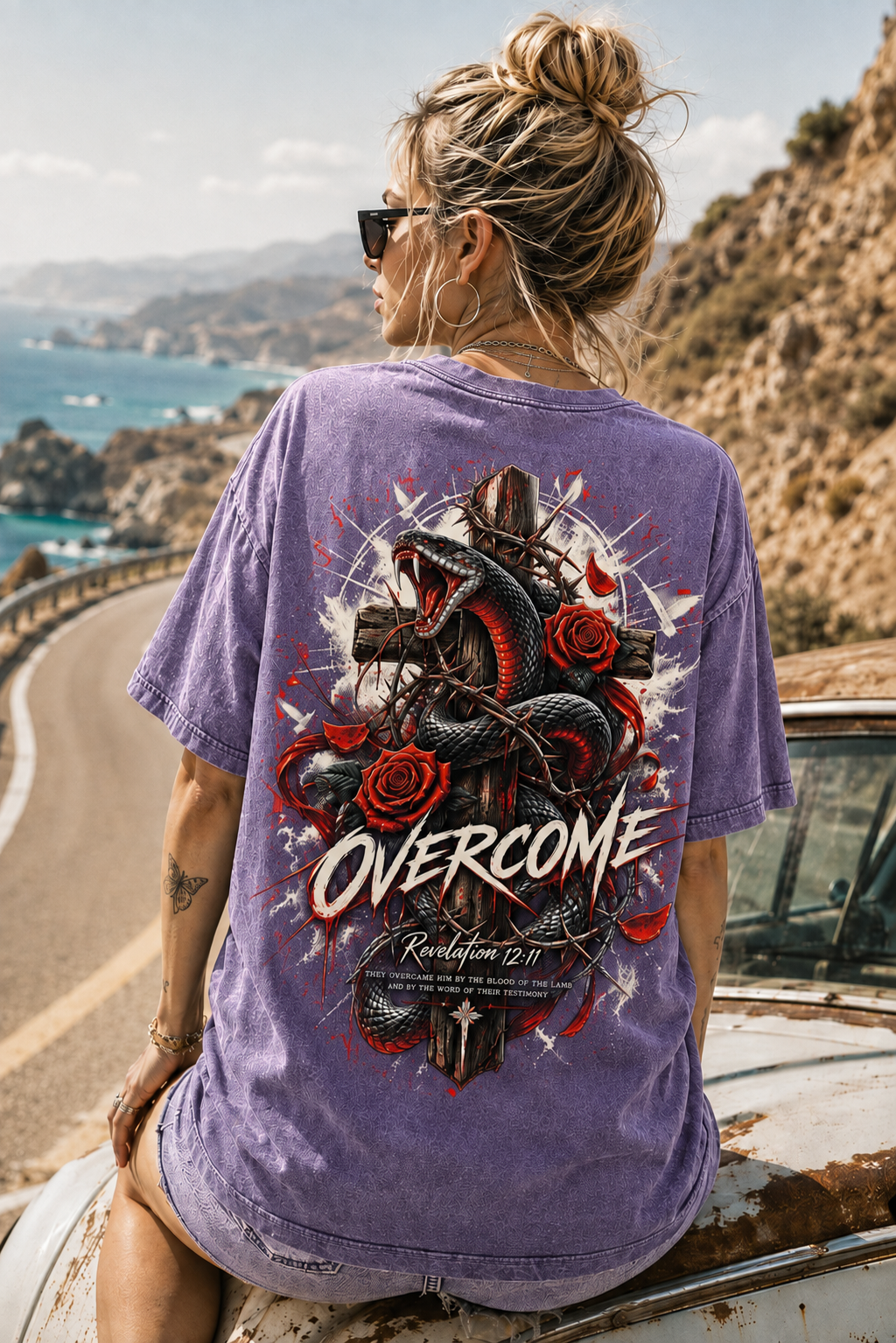 OVERCOME Snake Cross Graphic Tee – Vintage Washed T-Shirt