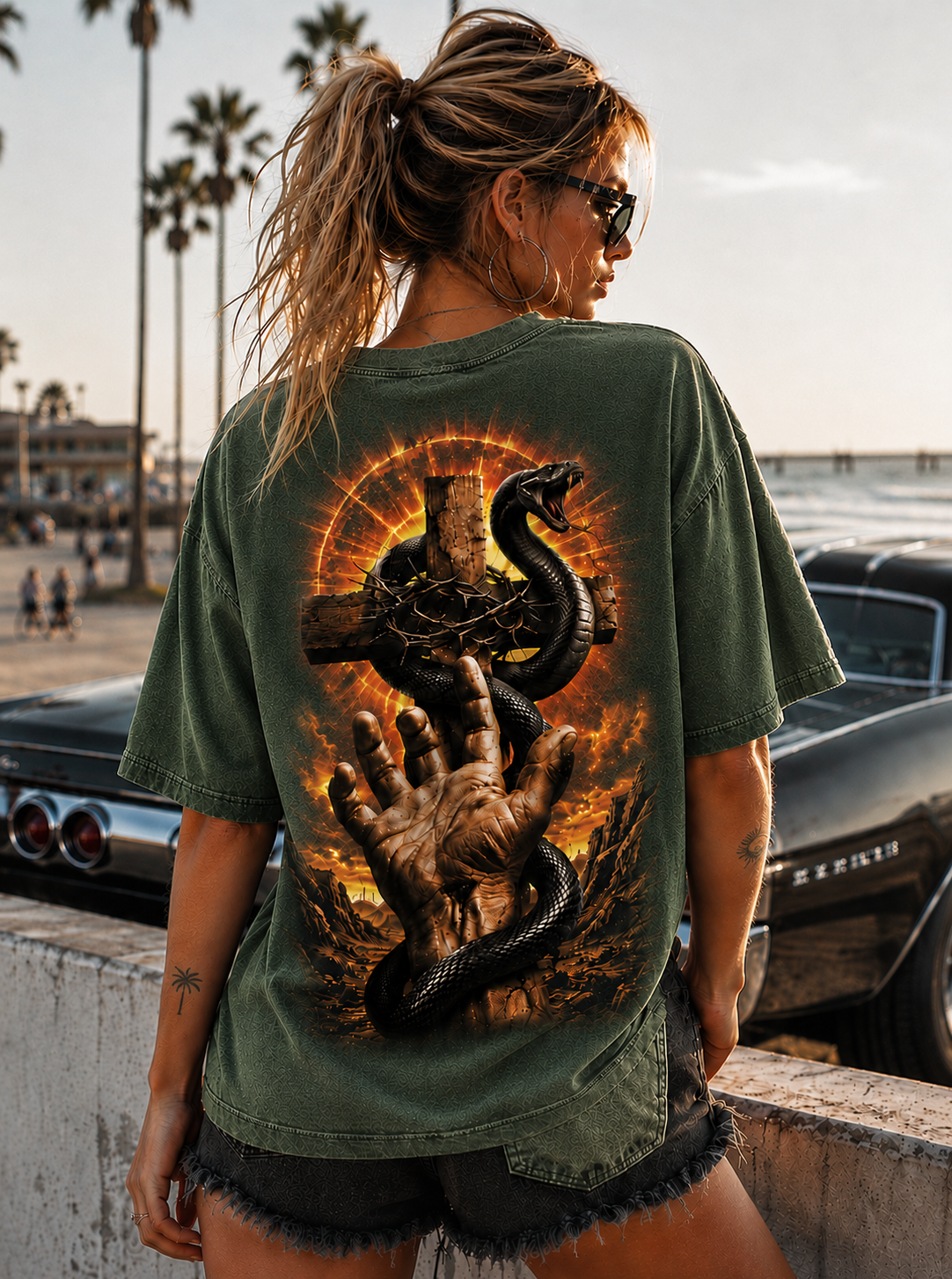 Vintage Snake Cross Graphic Tee – Washed Black