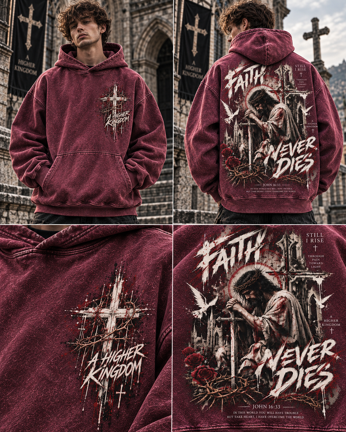 Faith Never Dies – Gothic Cross Washed Hoodie