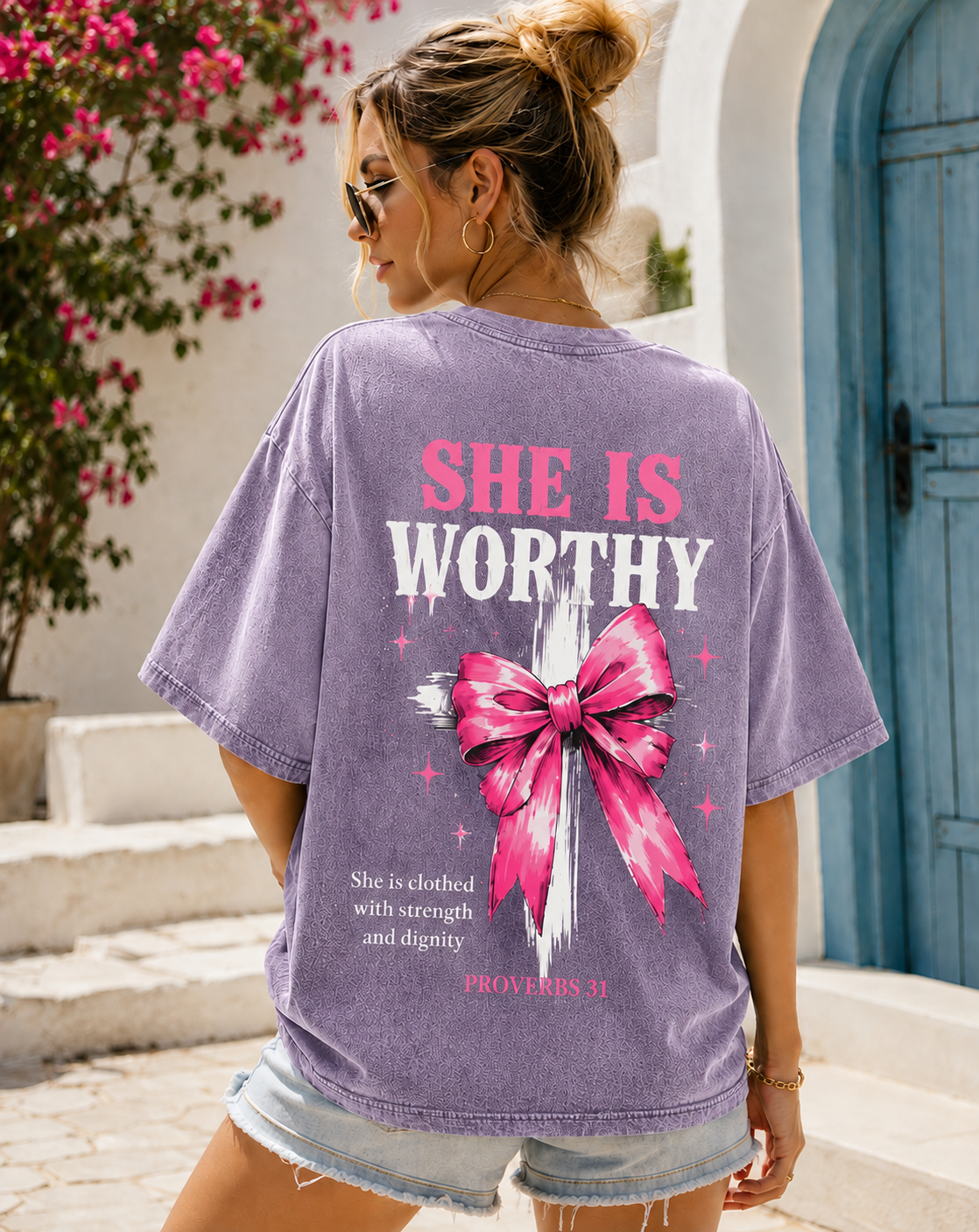 She Is Worthy – Vintage Washed Oversized Tee | Proverbs 31