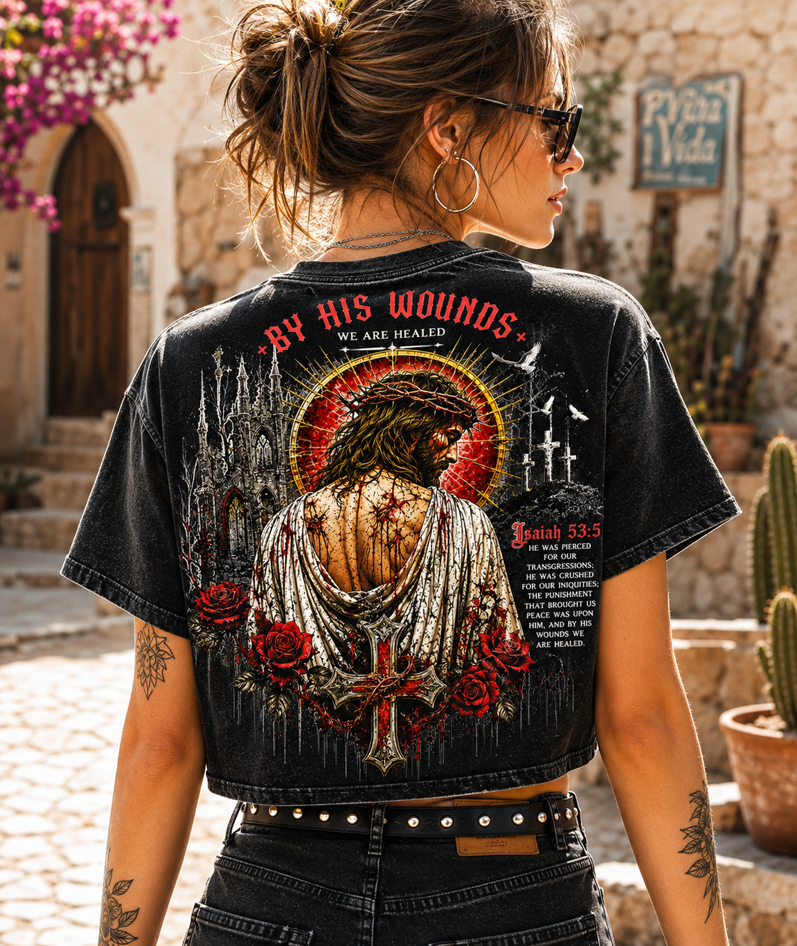 By His Wounds Gothic Cross Crop Tee – Vintage Christian Style
