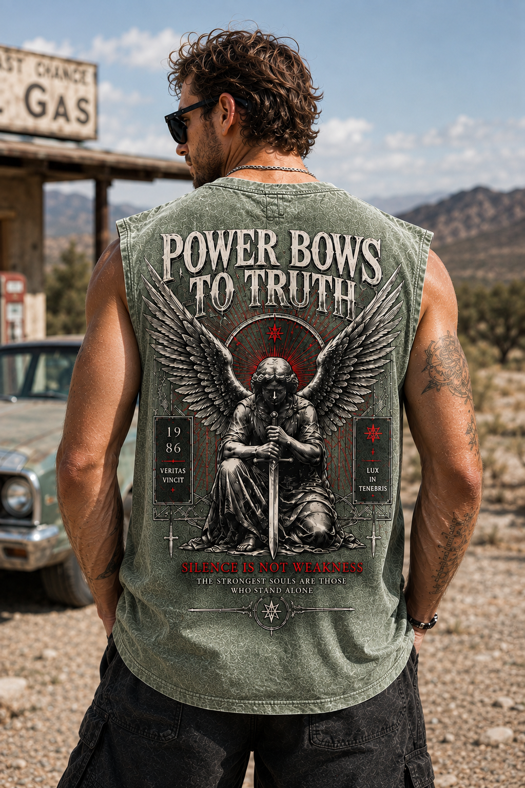 POWER BOWS TO TRUTH – Washed Black Sleeveless Tee