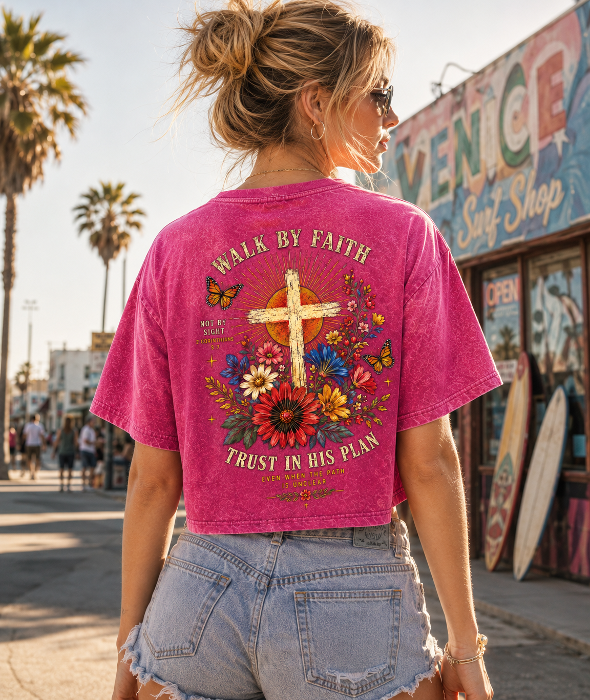 Walk By Faith – Vintage Floral Cross Crop Tee