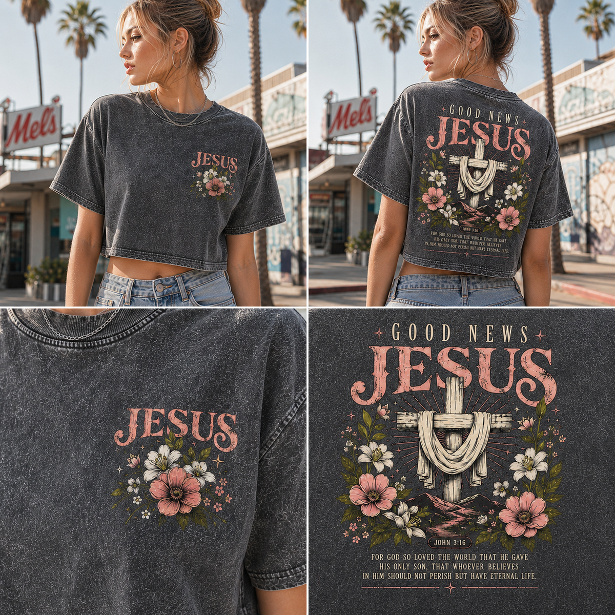 Vintage Jesus Floral Crop Top – Good News Graphic