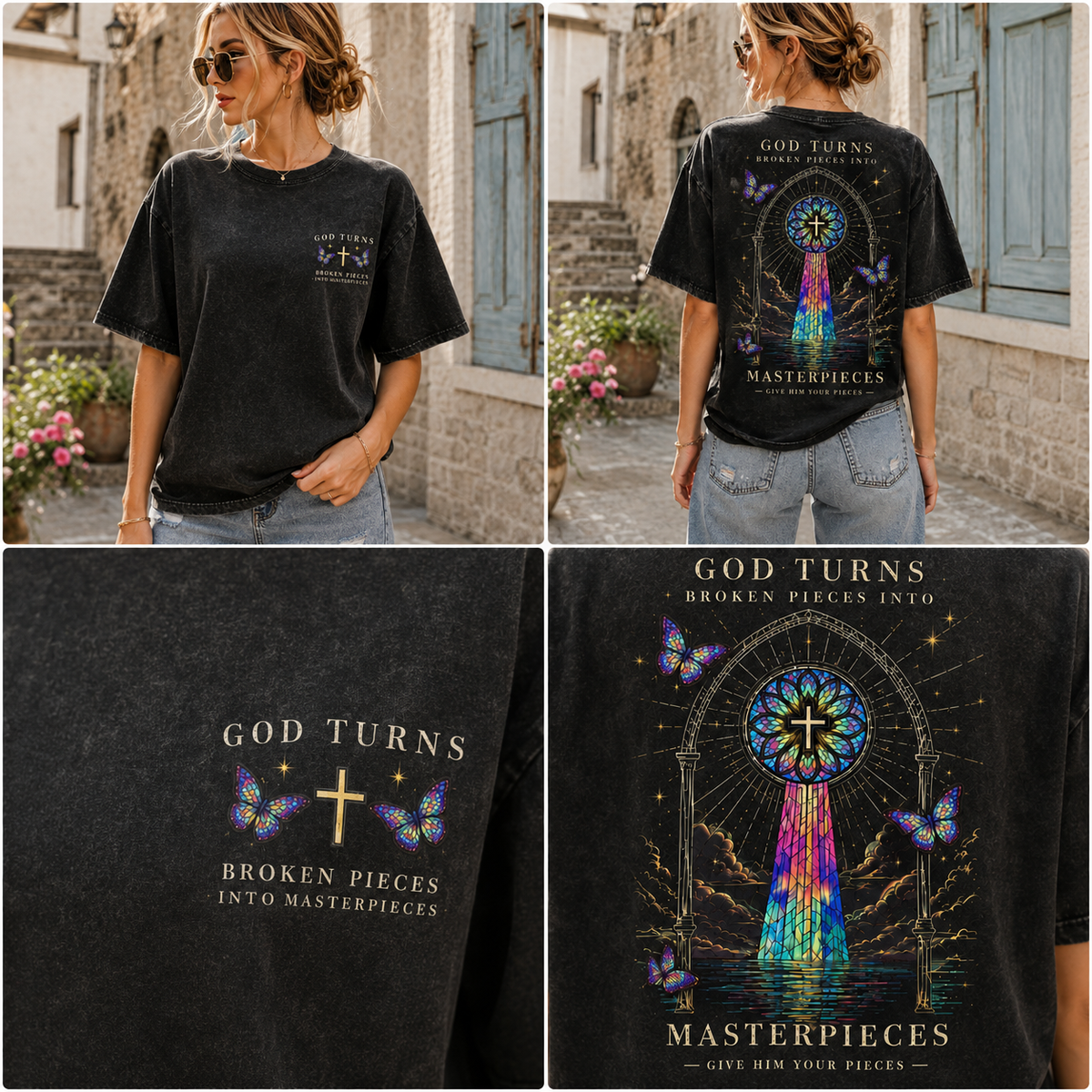 GOD TURNS Broken Pieces – Stained Glass Cross T-Shirt