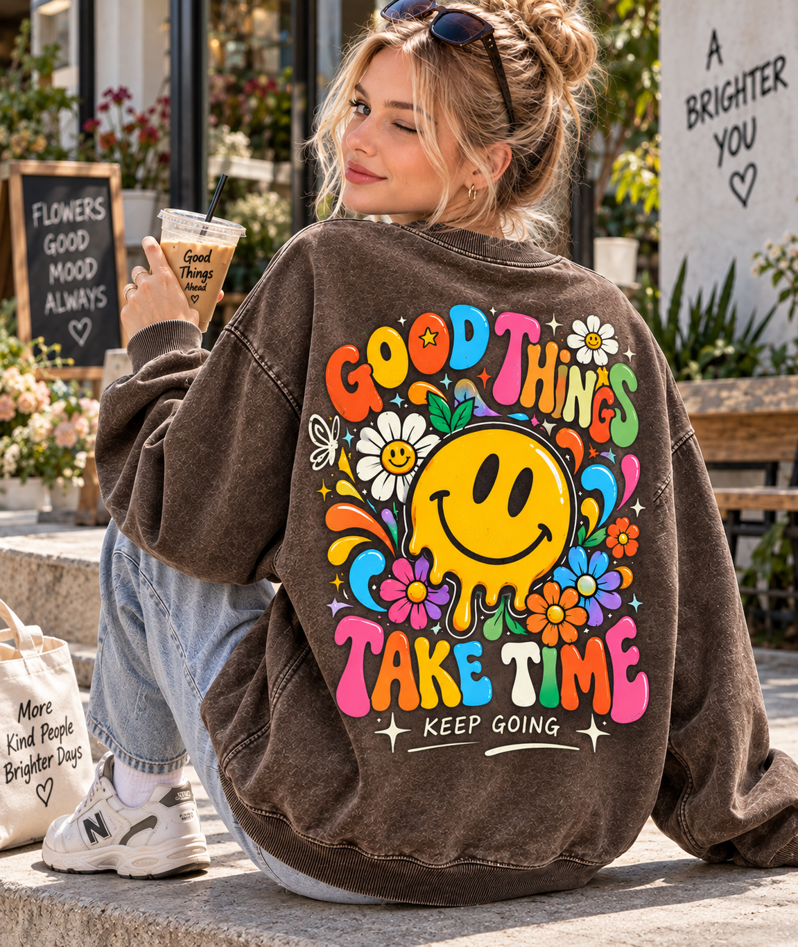 Good Things Take Time – Vintage Smiley Sweatshirt