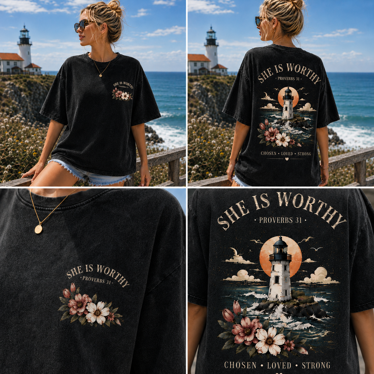 She Is Worthy Lighthouse T-Shirt – Vintage Christian Graphic Tee