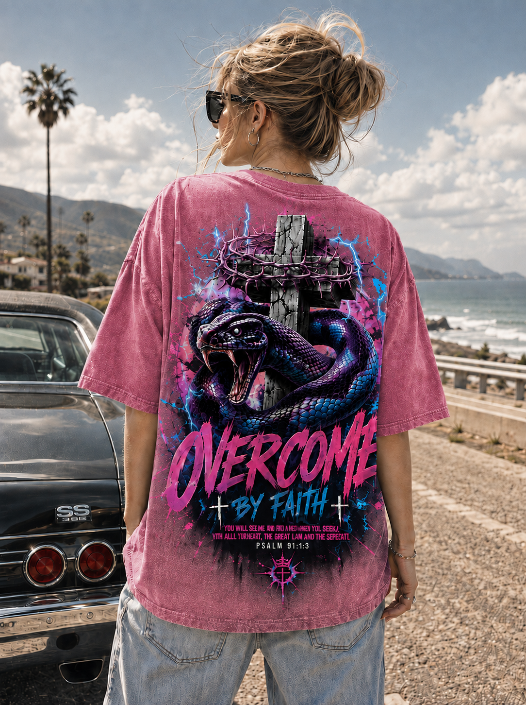 OVERCOME BY FAITH – Vintage Washed Black Christian Graphic Tee