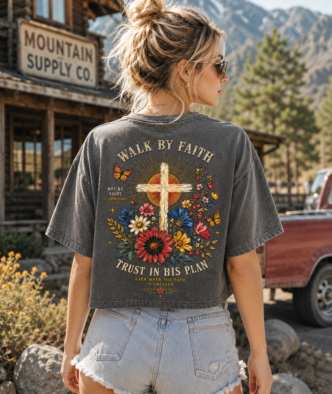 Walk By Faith – Vintage Floral Cross Crop Tee