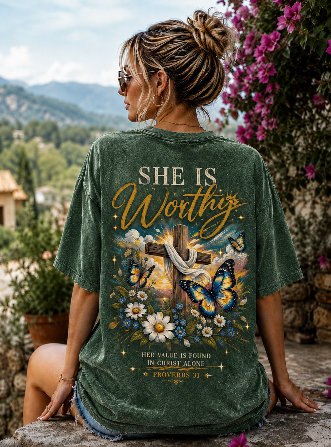 She Is Worthy Christian T-Shirt – Vintage Cross & Butterfly Graphic Tee