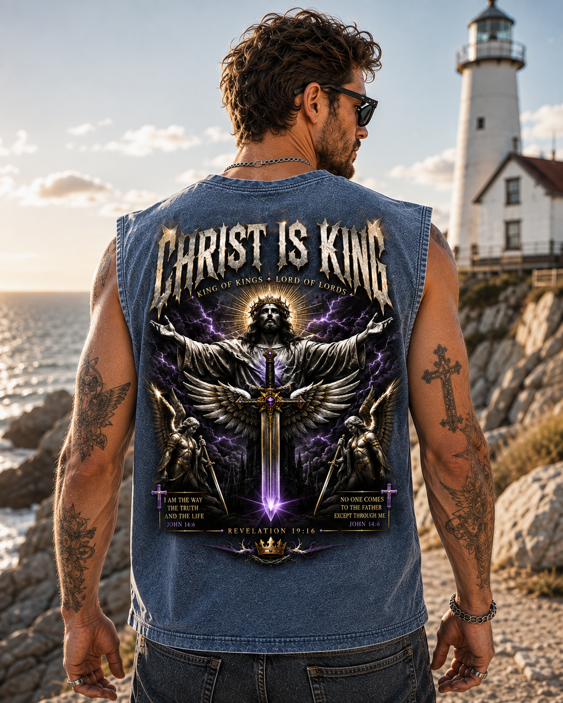 Christ Is King Washed Black Muscle Tee – Vintage Christian Graphic